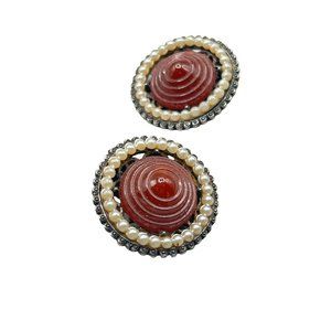 Vintage Clip On Earrings Brown Glass Pointy Stones and Faux Pearls Round Clips